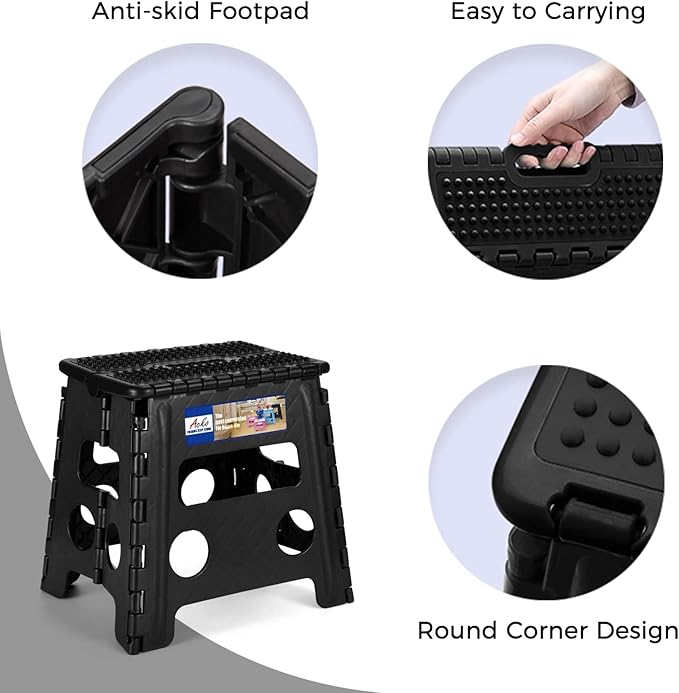 ACKO 10pack Folding Step Stool 13 inch Height Premium Heavy Duty Foldable Step Stools for Adults and Kids, Kitchen Plastic Small Collapsible Stepping Stool Hold Up to 300 LB Dot Black