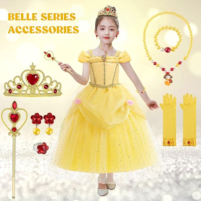 Princess Dress Up Clothes for Little Girls, Belle Costume Dress with Accessories for Birthday Party Cosplay Halloween