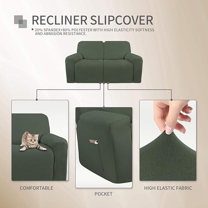 Easy-Going 6 Pieces Microfiber Stretch Sectional Recliner Sofa Slipcover Soft Fitted Fleece 2 Seats Couch Cover Washable Furniture Protector with Elasticity for Kids(Recliner Loveseat, Greyish Green)