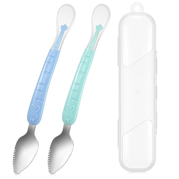 Lallisa 2 Pcs Double Head Baby Silicone Food Spoon Baby Fruit Scraping Mud Spoon Soft Feeding Food Scraper for Infants Fruit Feeding (Cyan and Blue)