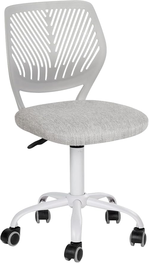 FurnitureR Desk Chair Armless, Study Computer Chair Adjustable Swivel for Student Children Kids, Comfy Cute Home Office Chair Fabric Seating Cushion and Plastic Low-Back with Rolling Wheels, Grey