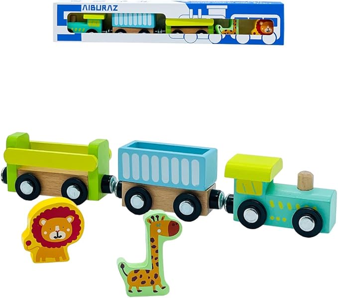 Wooden Trains Cars with Crane Magnetic Train Toys for Wooden Train Tracks Train Sets for Toddlers and Kids Ages 3+ (Zoo Train)