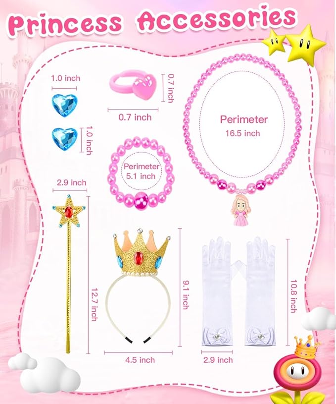 TOLOYE Princess Peach Costume for Girls,Princess Peach Dress with Accessories for Birthday Party Cosplay Halloween Christmas