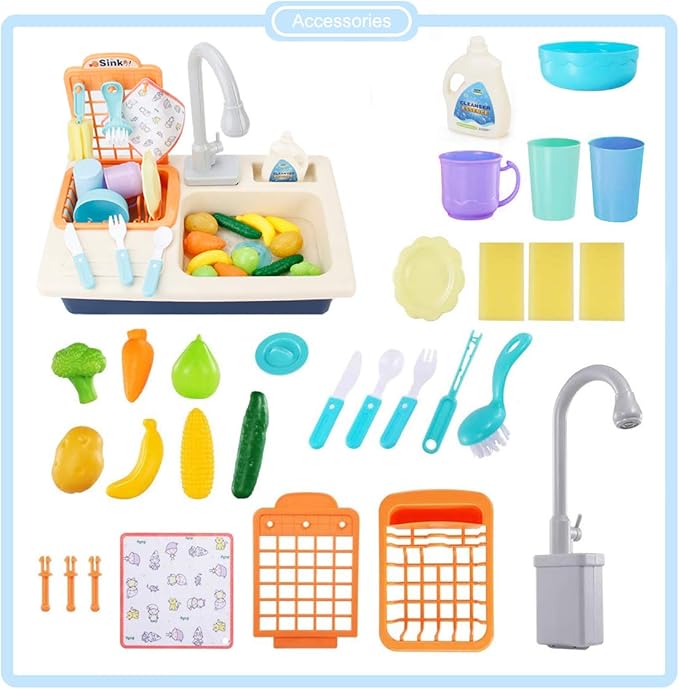 BOBXIN Play Sink with Running Water, Kids Play Kitchen Toy Sink Electric Dishwasher, Pretend Role Play Kitchen Toys Set with Upgraded Working Faucet and Dishes Playset for Girls, Toddler and Boys