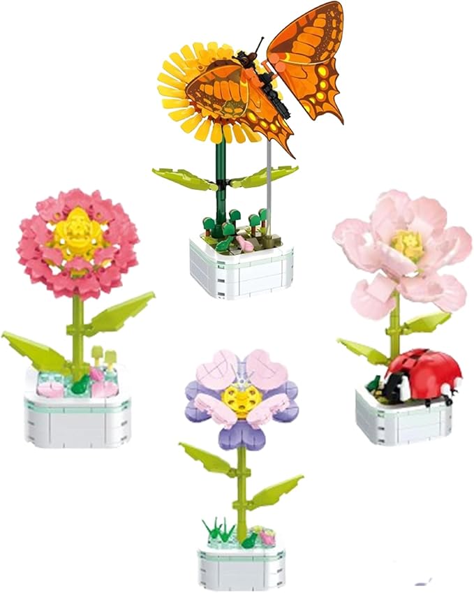 Flower Bouquet Building Set with Base, Flower Building Set Artificial Plant Flowers Building Blocks for Home Office Decor, Birthday Gifts, Desktop Trinkets Age 6+