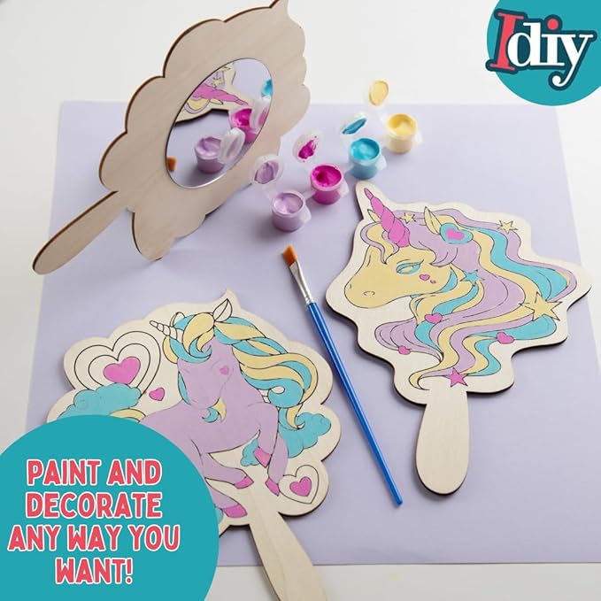 Idiy Paint Your Own Mirror Kids Party Craft Kits(12 Unicorn Friends Wood Mirrors w Paints)-Each Kit Has its Own Brush, Paint, & Project-Fun, Unique Birthday Favors, Classroom School Activity Gift