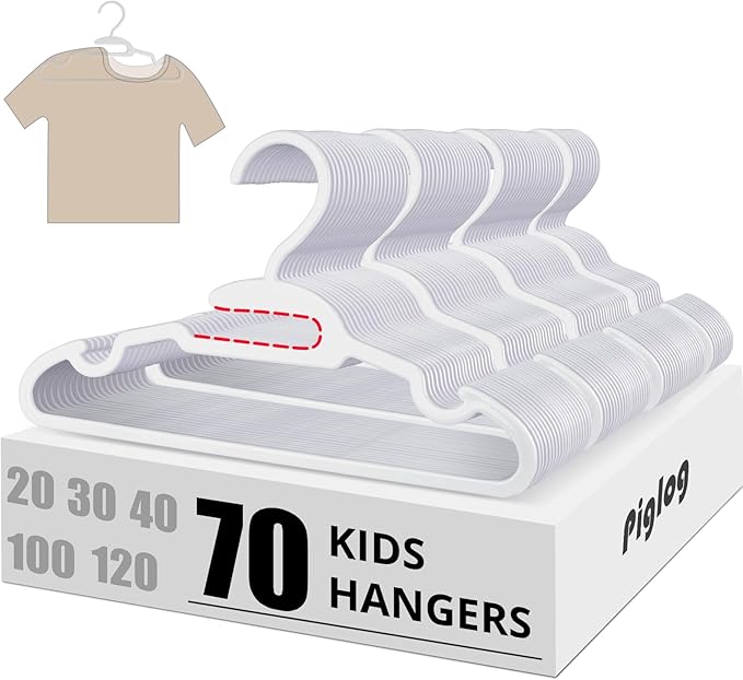 Baby Hangers, Kids Hangers, 70 PCS Baby Clothes Hangers,White Hangers for Kids Toddlers and Children,11.4" Plastic Hangers for Kids, Toddler Hangers with Protect Collar Non-Distorting from Stretching