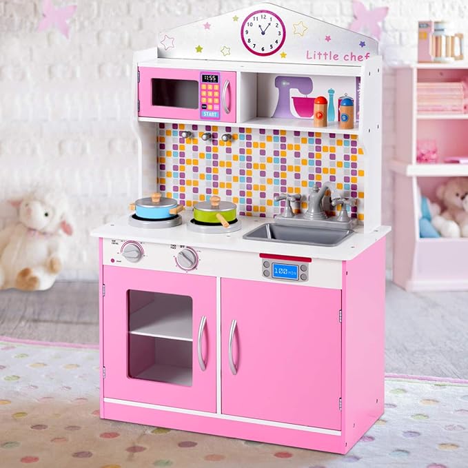 FFlyer Kids Kitchen Playset, Wooden Pretend Cooking Playset w/Cookware Accessories, Removable Sink, Microwave, Display Shelf, Toddler Pretend Play Kitchen Toy, Best Gift for Girl, Pink