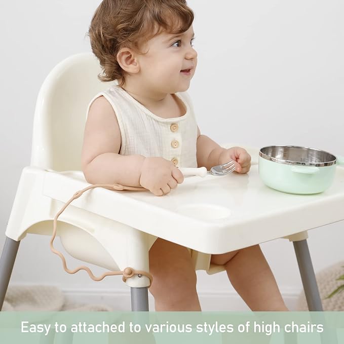 Toddler Utensils，Silicone Stretch Lids for Fork and Spoon,Holder Strap Food Grade Silicone Keep Fork and Spoon Off The Floor Great for Baby and Kids Dishwasher Safe(Green and Blue)