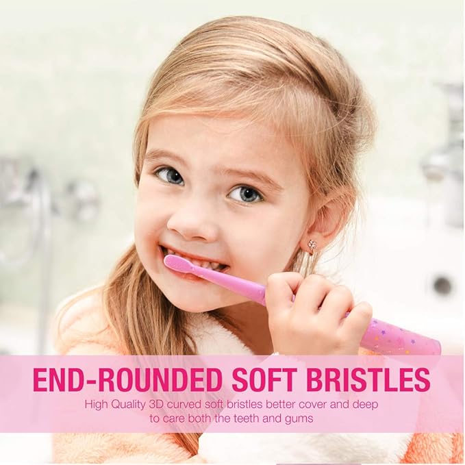 Vekkia Sonic Kids Electric Toothbrush Replacement Heads - 7X More Plaque Removal, End-Rounded 3D Curved Soft Bristles, Comfortable & Efficient Clean Teeth, Perfect for Kid Small Mouth, Pink (4 Pack)