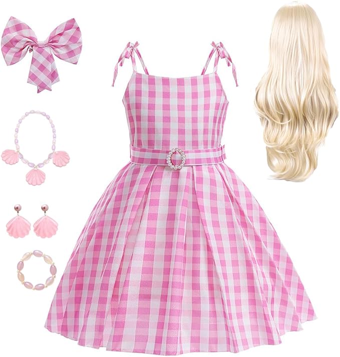 Robbie Clothes For Girls Pink Plaid Dress Movie Doll Costume Pink Robbie Outfit for Kids Halloween Carnival Dress Up