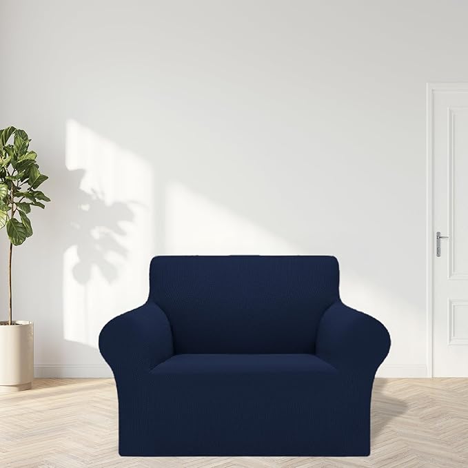 2025 New Stretch Chair Sofa Slipcovers Couch Cover for 1 Seater Furniture Protector Sofa Covers with Elastic Bottom Jacquard Fabric Small Checks for Pets, Kids - Navy