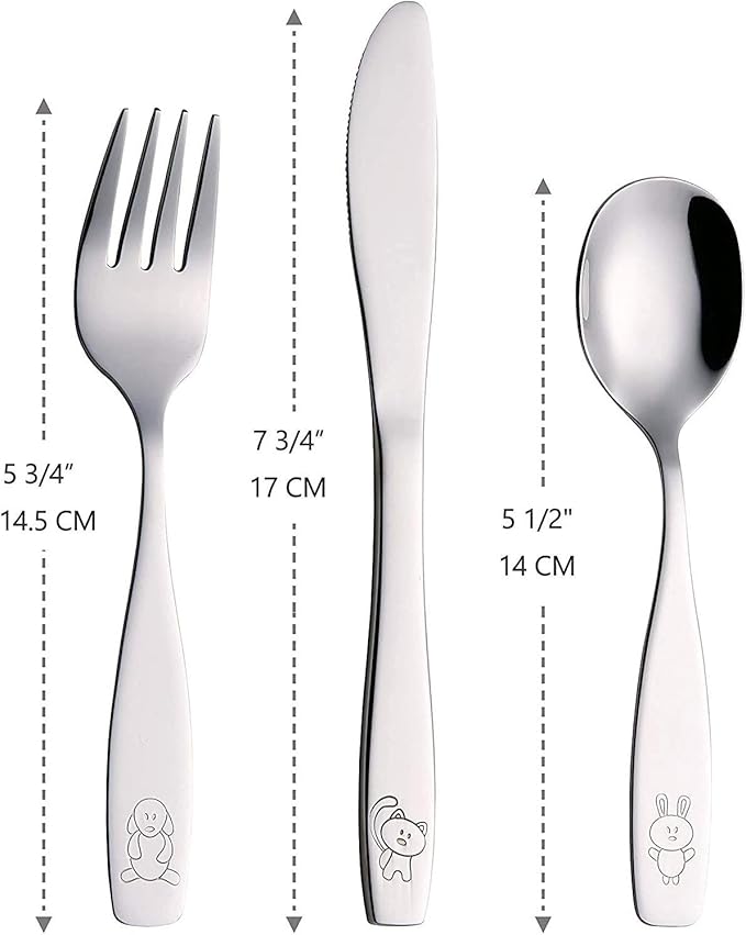 ANNOVA Children's Flatware 6 Pieces Set - Stainless Steel Cutlery/Silverware 2 x Safe Forks, 2 x Dinner Knife, 2 x Dinner Spoon - Safe Kids Toddler Utensils Lunch Box (Engraved Dog Cat Bunny)