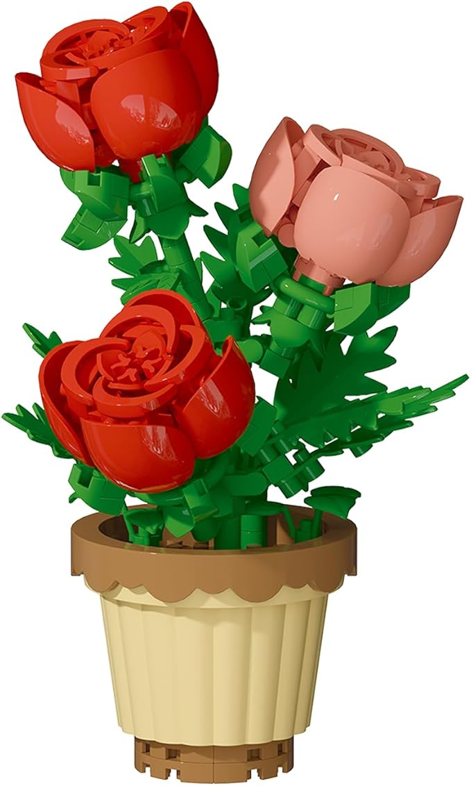 Rose Flower Potted Bonsai Building Toys Blocks Particle Flower Botanical Mini