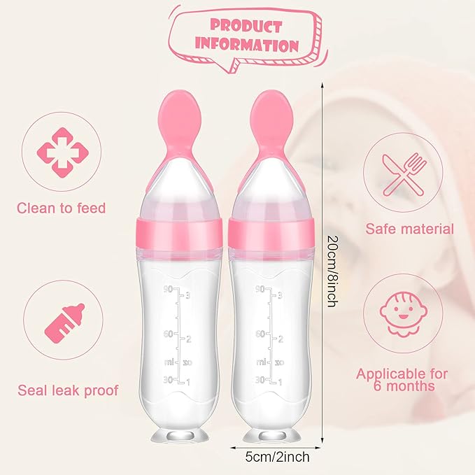 Nuanchu 2 Pieces Baby Spoon Feeder Squeeze Food Toddler Food Dispensing Spoon Suction Cup Design Feeder for Baby Toddlers Boys Girl(Pink)
