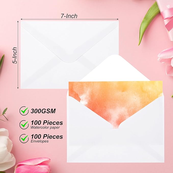 PATIKIL 50 Sets Pure Cotton Watercolor Cards 140lb/300 GSM Postcards with Envelopes for Art Painting Creative Thank Notes, 5x7 Inch