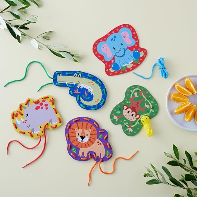 Serabeena Safari Kids Lacing Cards - Colorful Lacing Cards for Kids Ages 3-5 Plus - Lace Up Sewing Cards - Develops Hand-Eye Coordination & Fine Motor Skills - 5 Sewing Animals for Kids with Laces
