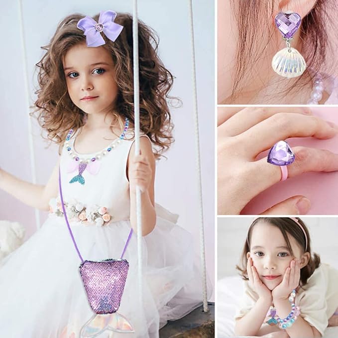 Princess Mermaid Costume Dress up Accessories for Girls Mermaid Gloves Tiara Crown Necklace Wand Earrings Bracelet Ring Princess Halloween Cosplay Accessories Christmas Gifts Set (Purple Mermaid)