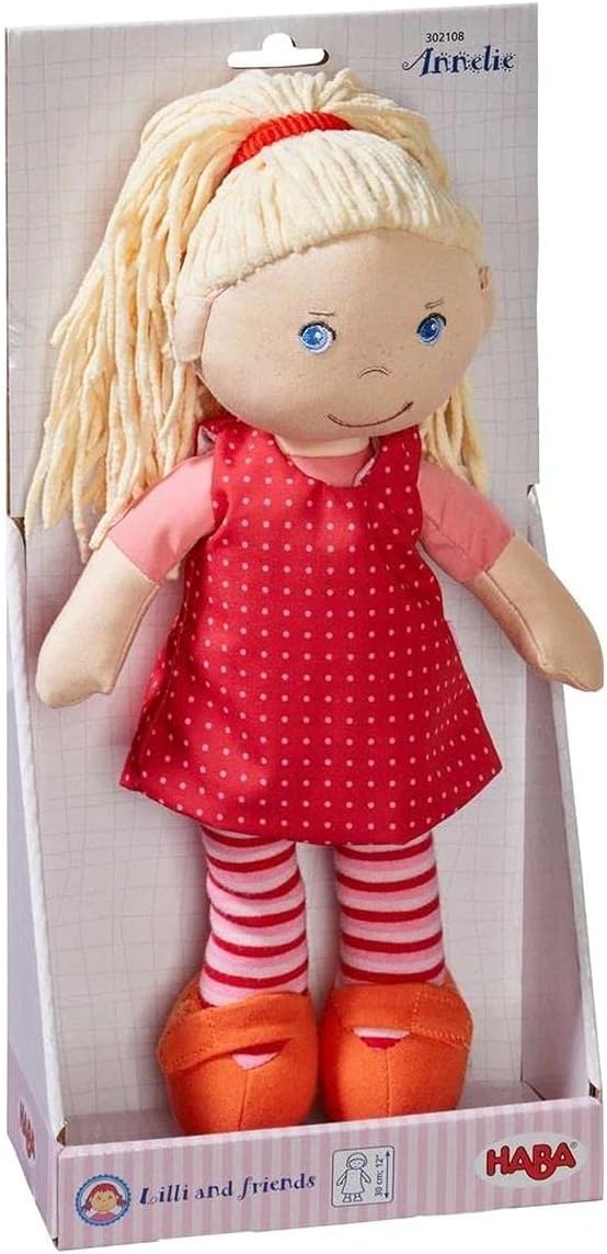 HABA 12" Soft Baby Doll Annelie with Blonde Hair, Embroidered Face, Removable Red Dress and Matching Hairband - Washable Toddler Doll for 18 Months+
