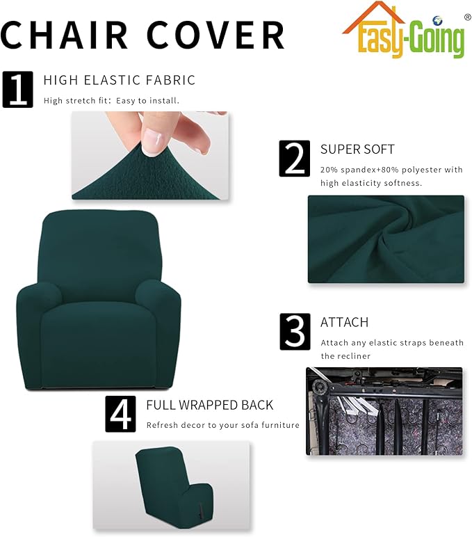 Easy-Going 4 Pieces Microfiber Stretch Recliner Slipcover – Spandex Soft Fitted Sofa Couch Cover, Washable Furniture Protector with Elastic Bottom for Kids, Pet(Recliner, Deep Teal)