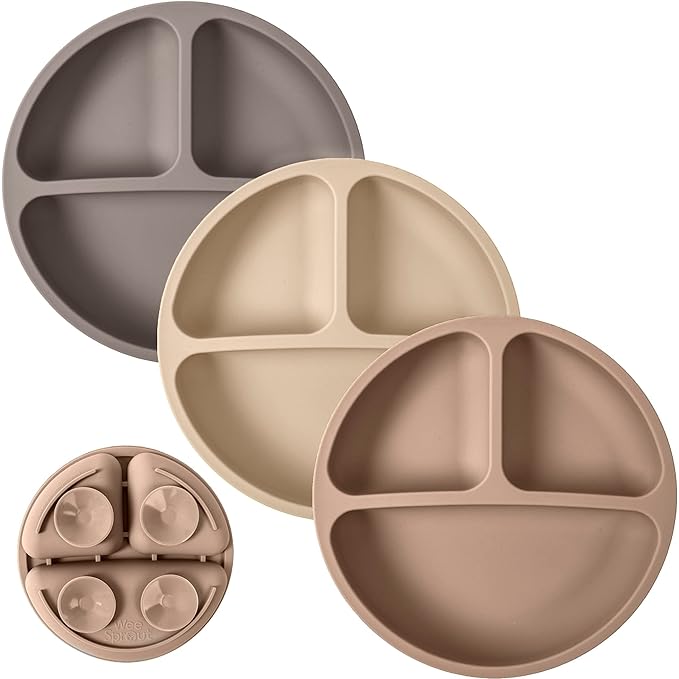 WeeSprout Suction Plates for Babies & Toddlers - 100% Silicone, Dinnerware Stays Put, Divided Design for Picky Eaters, Microwave & Dishwasher Friendly, 3 Pack