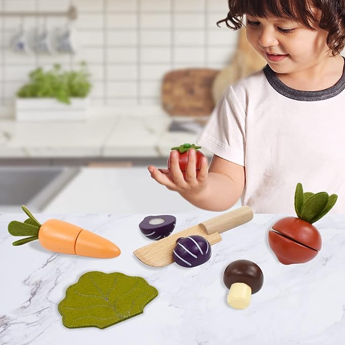 PairPear Wooden Play Food Cutting Vegetables Set - Wooden Toys for Toddlers Toy Food Play Kitchen Accessories