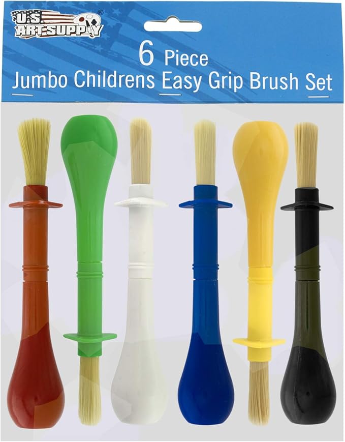 U.S. Art Supply Children's Jumbo Art Brushes Set of 6 - Plastic Handle Round Brushes with Hog Bristles, Stubby Grip - Ideal for Tempera, Poster Paints, and More!