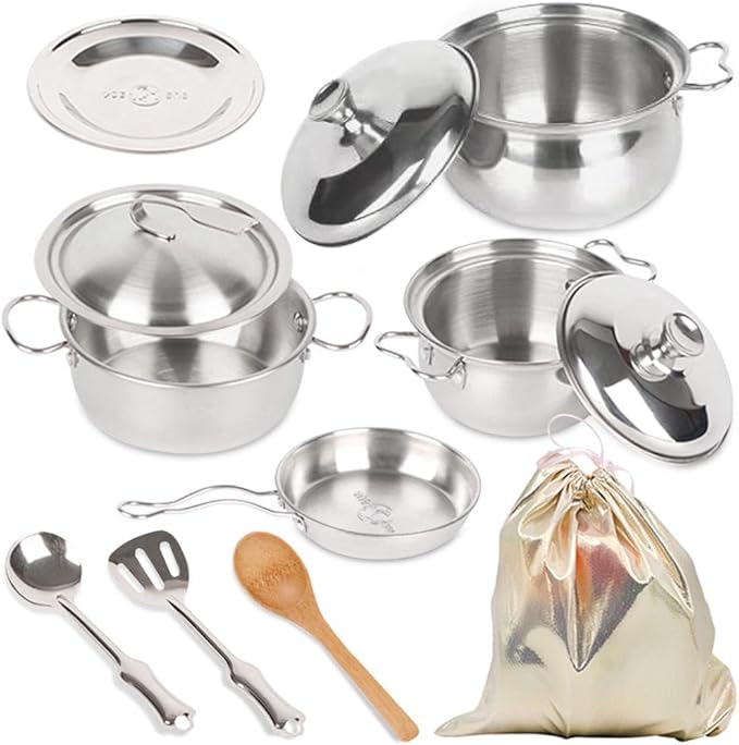 Pretend Play Kitchen Cooking Toys with Stainless Steel Cookware Play Pots and Pans Set，Cooking Utensils Kitchen Play Accessories Toys Cooking Pots for Toddlers Boys Girls for Kids