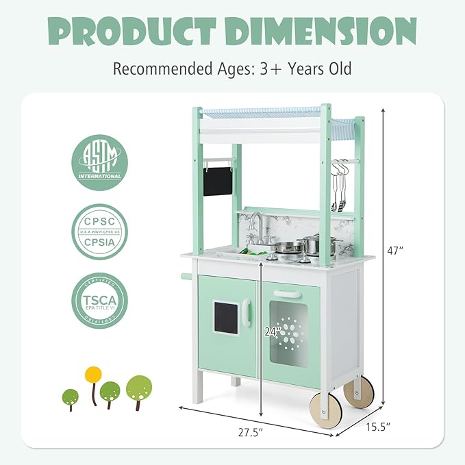 HONEY JOY Kids Kitchen Playset with Lights, Double Side Little Chef Play Kitchen for Toddler & Grocery Store, Cookware, Sink, Storage Cabinet, Wooden Pretend Play Toy Kitchen Cart with Wheels, Green