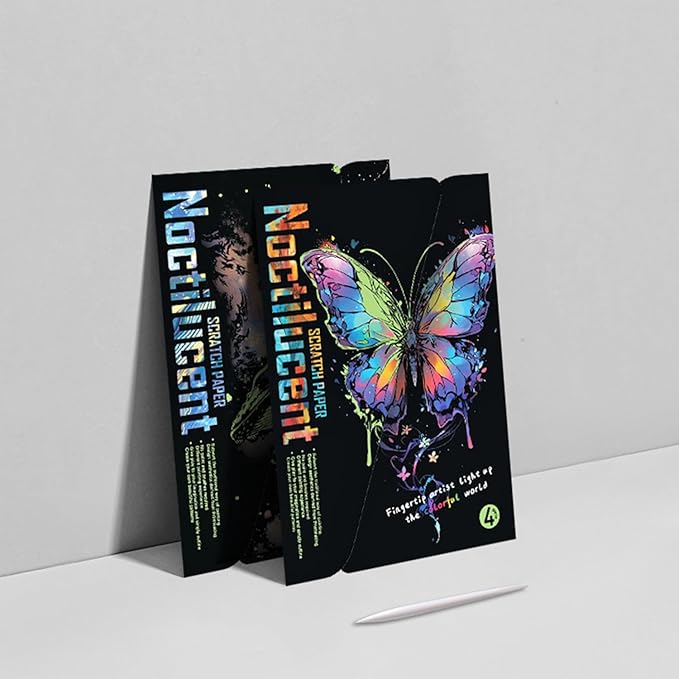 Georgie Porgy Scratch Paper Art Set for Kids Adults Magic Rainbow Painting Boards for DIY Arts and Crafts Kits Christmas Birthday Gift with Scratching Tools Kit (Glow in The Dark Butterfly + Whale)