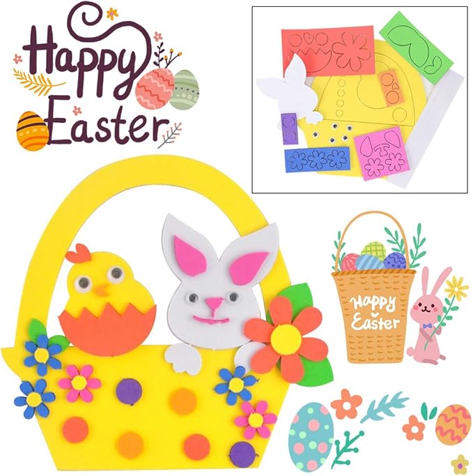 BigOtters Easter Craft Kits, 6PCS DIY Sets Including Hatching Chick Bunny Egg Easter Basket Craft Stick Sign Bunny Wreath and Rabbit Glasses for Kids Favor Classroom Daycare Homeschool Art Decor