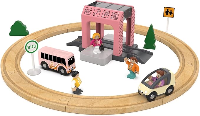 School Bus Station Toy for Wooden Train Track, DIY Extend Station Playset for Railroad Train Track,Preschool Learning Educational Toys for Toddlers Kids Age 3 and up