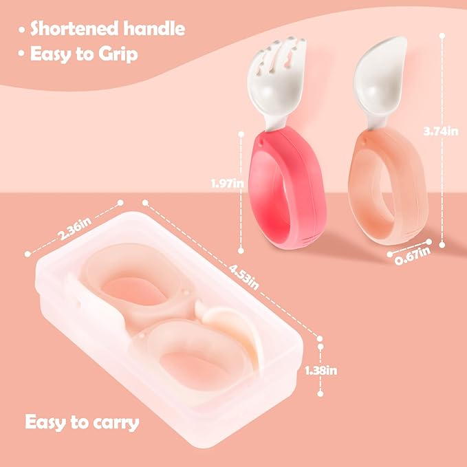 Baby Self Feeding Training Spoon and Fork Set with Travel Case, BPA-Free Cute Circle Toddler Training Utensils, Silicone/ABS Great Tableware Set Spoons Fork for Kids (Pink& Light Pink)