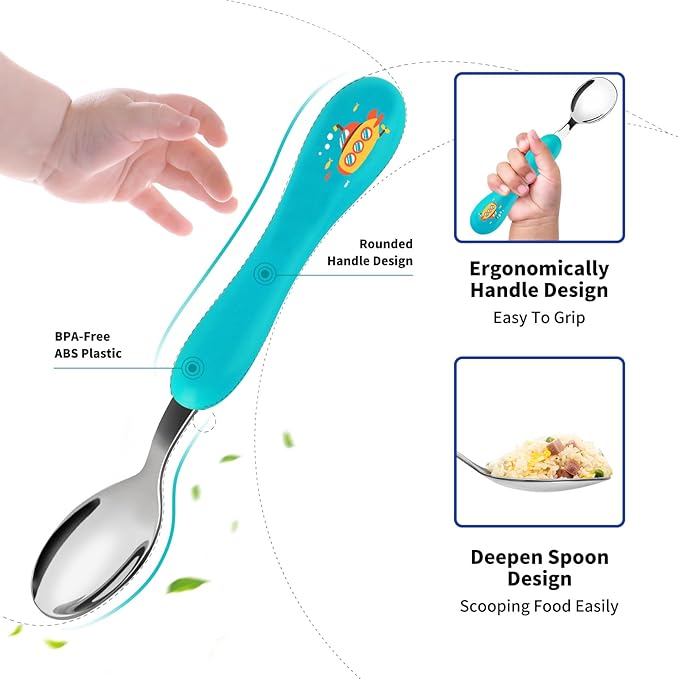 Lehoo Castle Toddler Fork and Spoon, 6pcs Toddler Utensils Kids Silverware, Safe Stainless Steel Toddler Fork Spoon Set, Children Flatware Set, Incudes 3 Spoons and 3 Forks (Submarine)