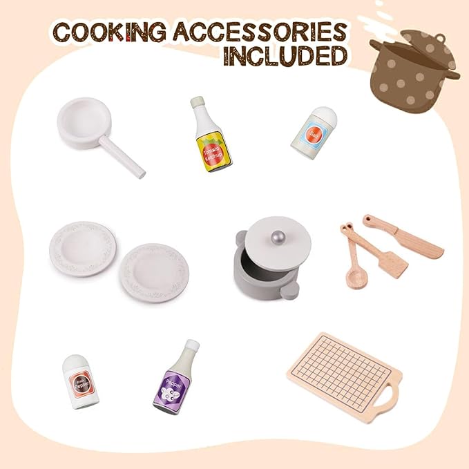Wooden Play Kitchen, Kids Toy Kitchen Cooking Set, Kids Play Kitchen Pretend Play Set, Pretend Kitchen Playset for Toddlers Boys and Girls