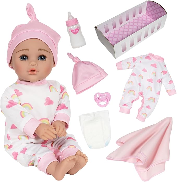 ADORA Rainbow Hugs Doll Set, 13 Inch Baby Doll with Crib Box, Rainbow Print Onesie, Beanie, Pacifier, Diaper, Milk Bottle, and Blanket, for Kids Ages 3 and Up