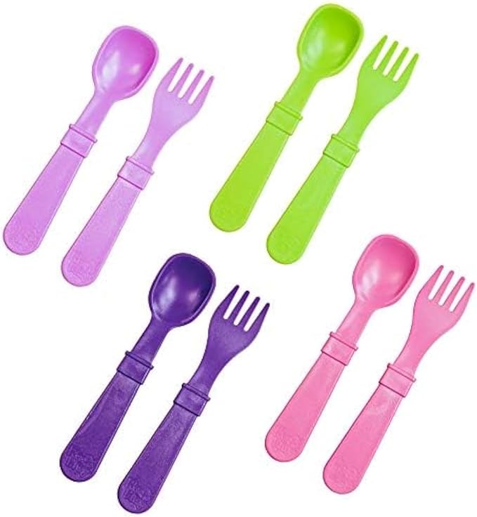 Re-Play Made in USA Toddler Forks and Spoons, Pack of 8 Without Carrying Case - 4 Kids Forks with Rounded Tips and 4 Deep Scoop Toddler Spoons - 0.2" Thick Toddler Utensils, Butterfly