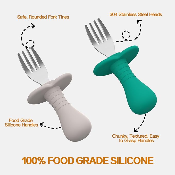 Baby Forks Toddler Forks for Self Feeding, Kids Forks with Silicone Round Handle, Stainless Steel Toddler Utensils Children Safe Silverware Set, Anti-Choke Design, BPA Free - Pink