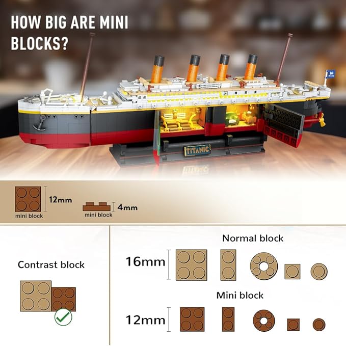 Titanic Building Set with LED Light, 2 in 1 Titanic Ship Mini Building Block 1883 PCS, Ship Model with Glacier Display Stand, Building Brick Toy Gift for Adults Teens Kids Boys Girls 10 11 12+