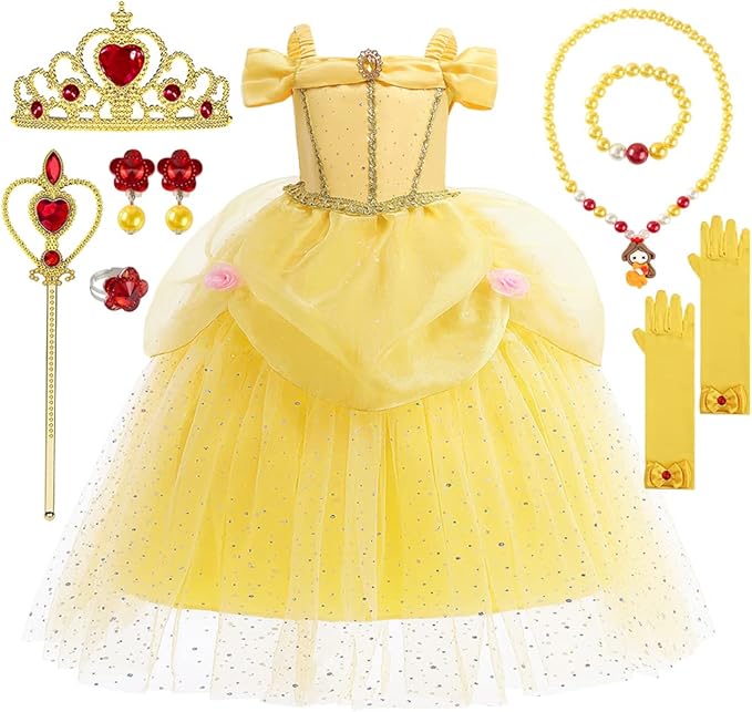 Princess Dress Up Clothes for Little Girls, Belle Costume Dress with Accessories for Birthday Party Cosplay Halloween