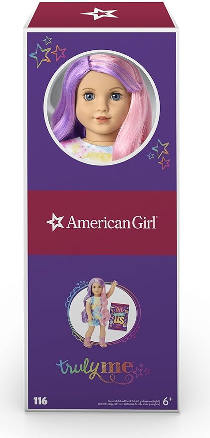 American Girl Truly Me 18-inch Doll #116 with Blue Eyes, Purple-and-Pink Hair, Light Skin, Tie Dye T-shirt Dress, For Ages 6+