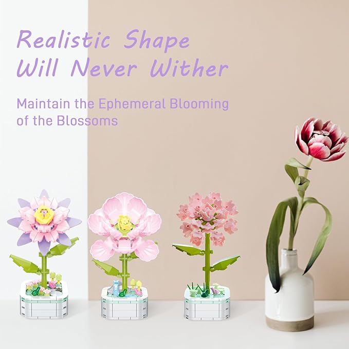 Flower Bouquet Building Set with Base, Flower Building Set Artificial Plant Flowers Building Blocks for Home Office Decor, Birthday Gifts, Desktop Trinkets Age 6+