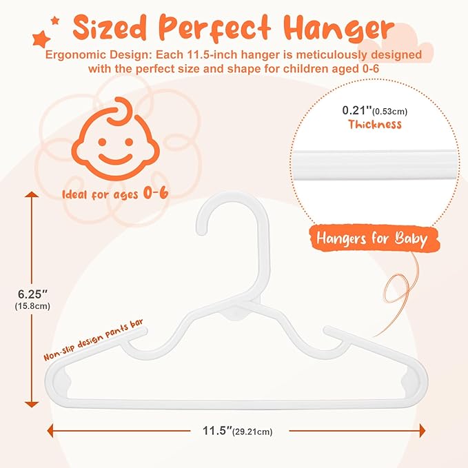 HOUSE DAY Premium Baby Hangers 60 Pack, 11 Inch Kids Plastic Hangers White, Slim Childrens Hangers for Infant, Toddler, and Child Clothes, Durable Baby Clothes Hangers for Closet