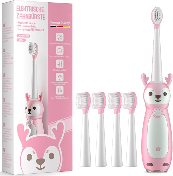 Kids Sonic Electric Toothbrush for Ages 3+, IPX7 Waterproof, 3 Smart Modes with Memory,Includes 4 Replacement Brush Heads, Pink