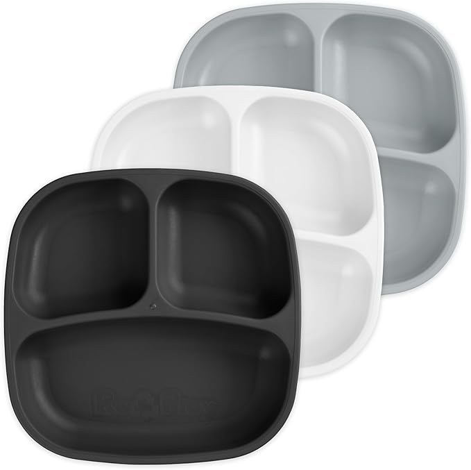 Re-Play Made in USA 7" Deep Walled Divided Plates for Kids, Set of 3 - Reusable 3 Compartment Plates, Dishwasher and Microwave Safe - 7.37" x 7.37" x 1.25", Monochrome