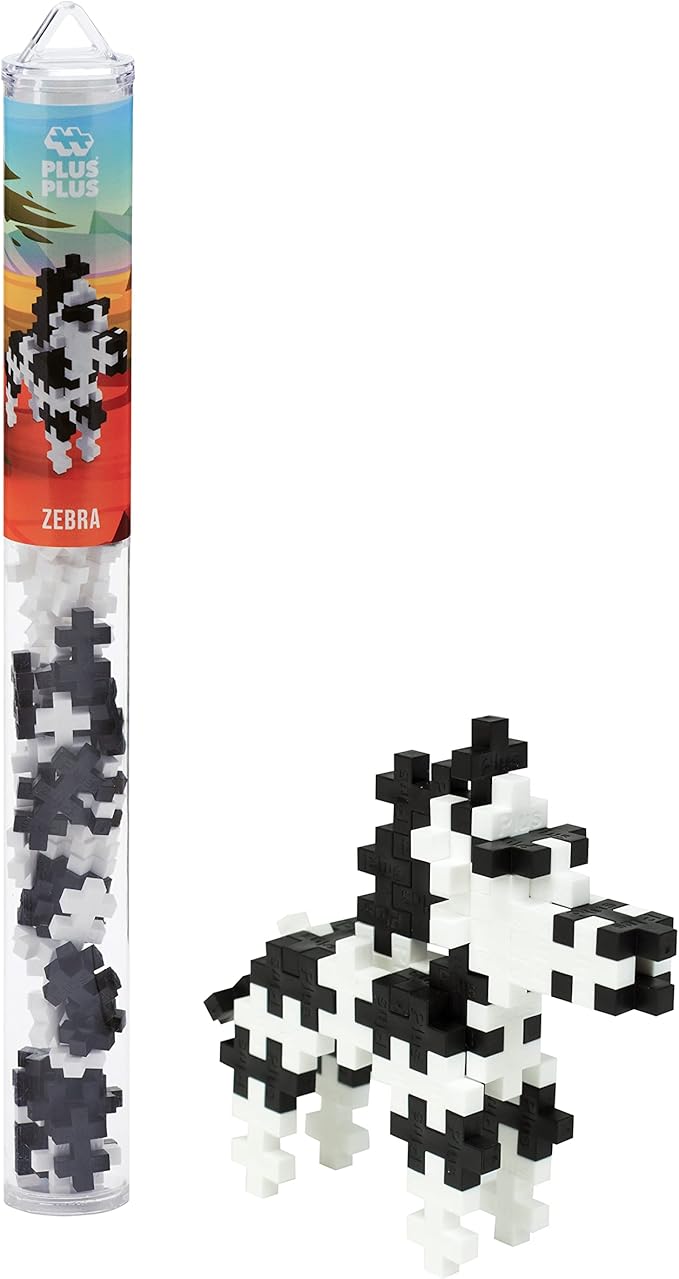 Plus Plus 3D Animal Figure Building Block Set, 70 Mini Interlocking Puzzle Pieces, Fun Stem Toys for Kids - Zebra Maker Tube