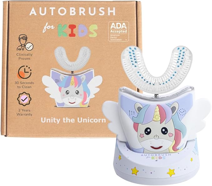 autobrush Kids U Shaped Electric Toothbrush, ADA Accepted, Sonic Pro with Unique 360° Nylon Bristles 3 Cleaning Modes,Whitening LED-Lights,Plays Music (Double-Sided),Ages 3-5, Unicorn