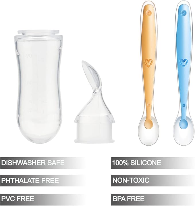 PandaEar 2 Pack Baby Food Spoon Dispenser + 2 Silicone Baby Spoons| Baby Spoon Bottle Feeder| 4 oz Squeeze Spoon Feeder for Baby Food| Travel Friendly Kids Toddlers Boys Girl