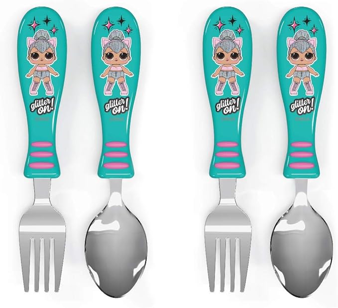 Zak Designs L.O.L. Surprise! Easy Grip Fork and Spoon Set, Kitty Queen, 4-piece set(Flatware (2pk))