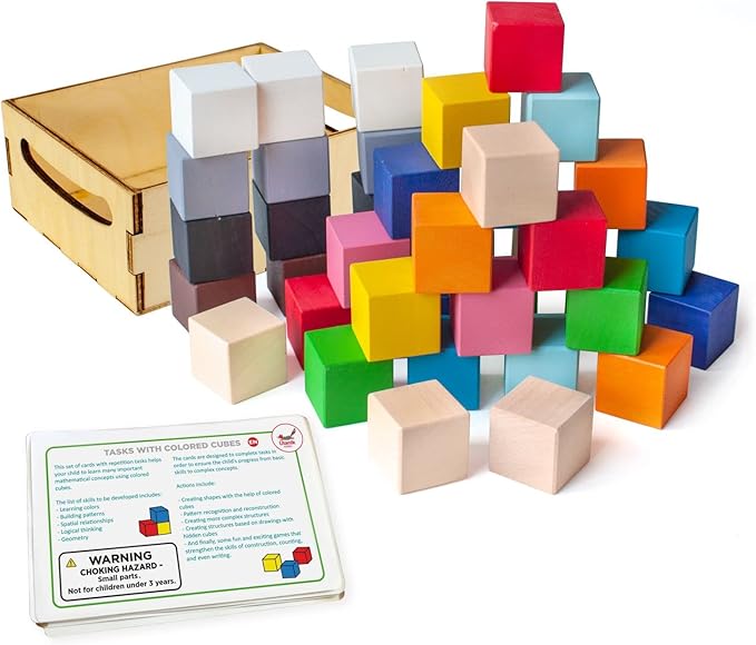 Ulanik Small Colored Cubes Toddler Montessori Toys for 3 Year Old + Kids Wooden Building Blocks Game for Learning Color Sorting and Counting — 40 pcs, 1.2 in